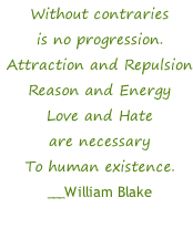 Without contraries is no progression. Attraction and Repulsion Reason and Energy Love and Hate are necessary To human existence. ___William Blake